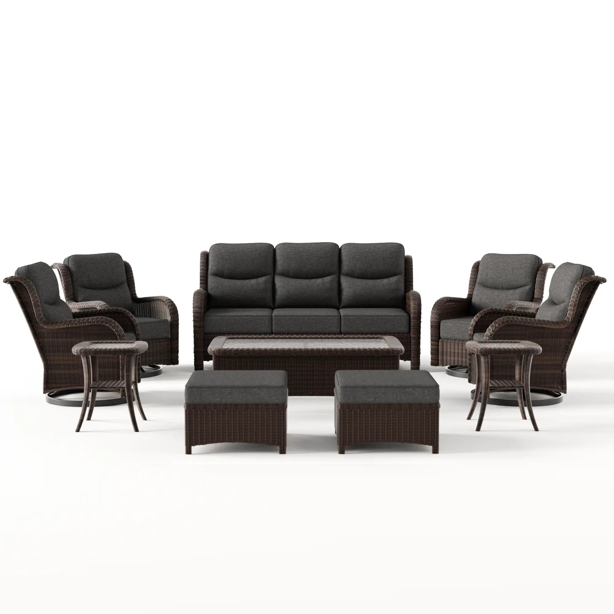 Ardenelle Luxury 10 Piece Patio Wicker Sofa Set With Ottomans, Tables