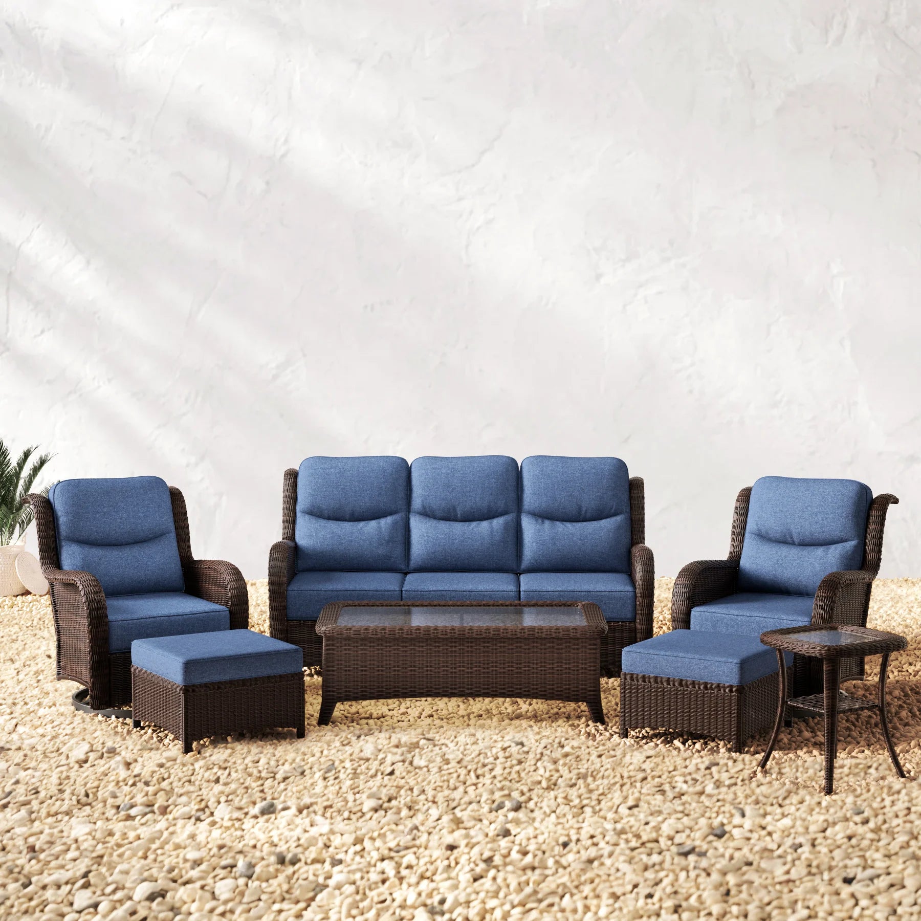 Ardenelle Luxury 7 Piece Patio Wicker Sofa Set With Ottomans, Tables And Covers