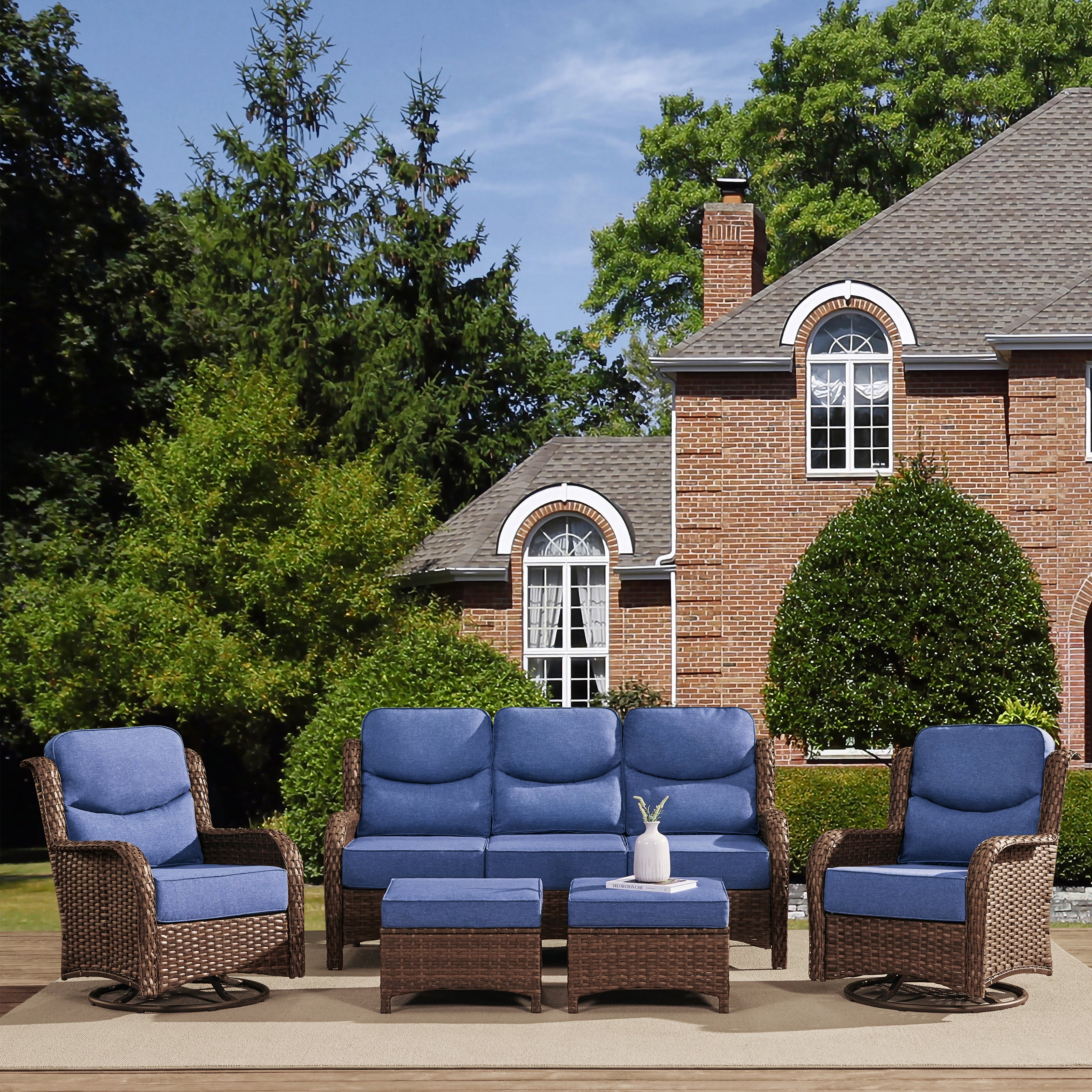 Hawthorne 5 Piece Patio Rattan Sofa Set with Swivel Chairs & Ottomans