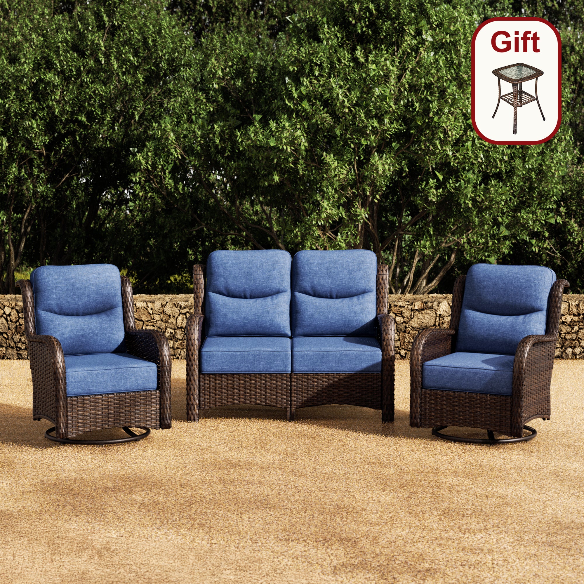 【Quick Assembly Collection】Patio Wicker 3-Min 4 Seater Loveseat Set With Swivel Glider Chairs