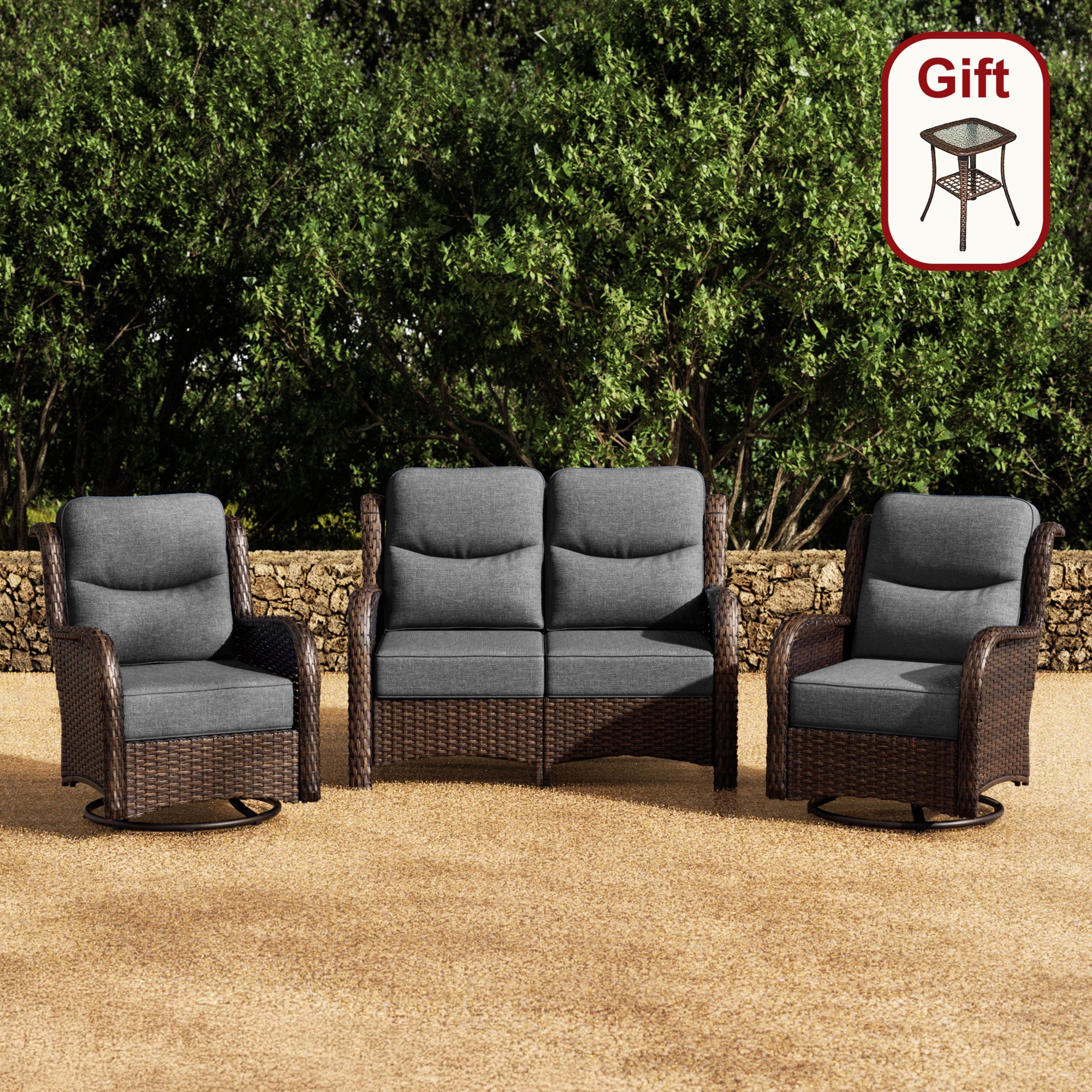 Hawthorne 4 Seater Patio Rattan Loveseat Set With Swivel Glider Chairs