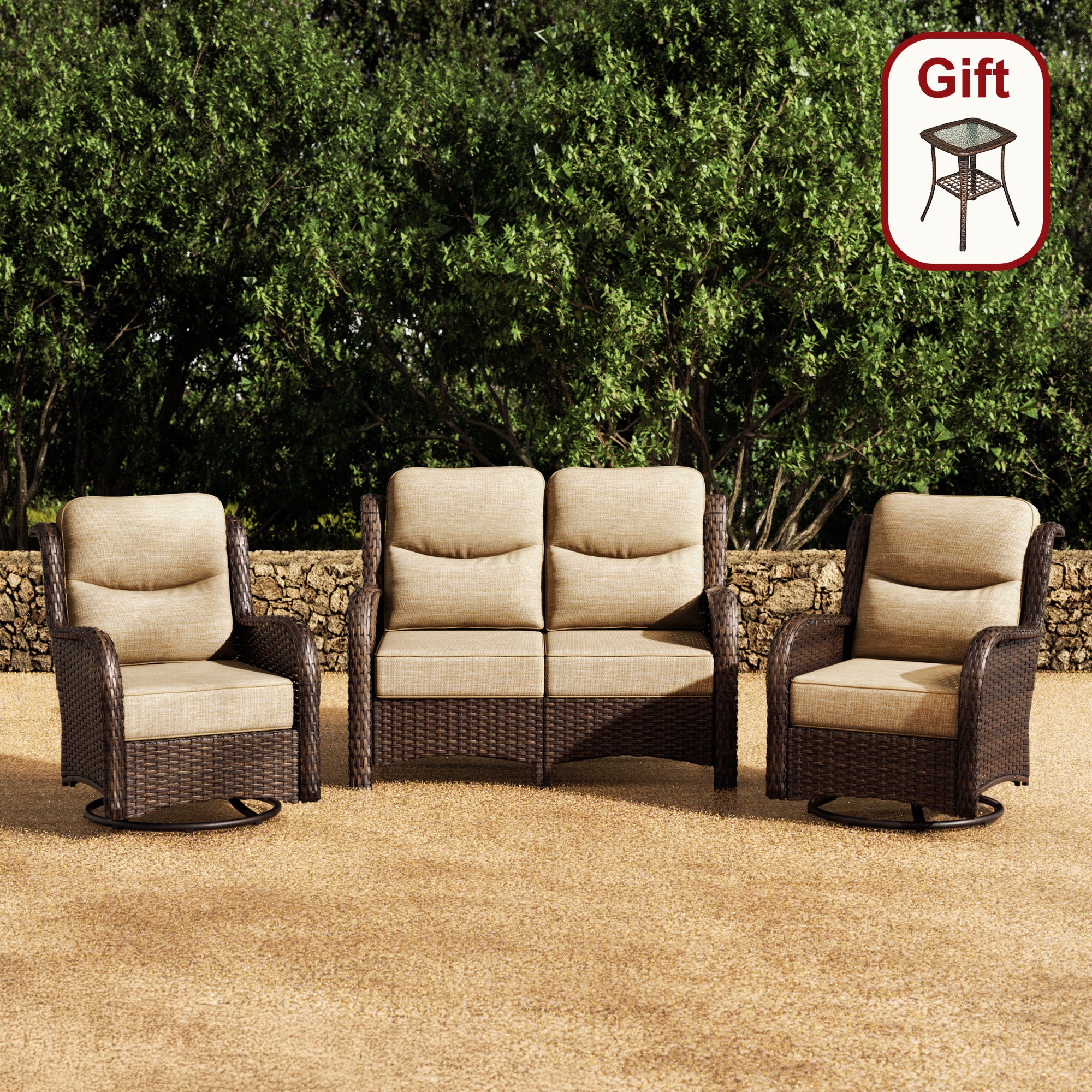Hawthorne 4 Seater Patio Rattan Loveseat Set With Swivel Glider Chairs