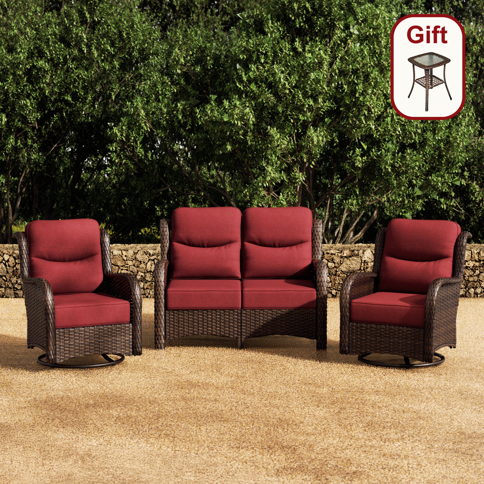 Hawthorne 4 Seater Patio Rattan Loveseat Set With Swivel Glider Chairs