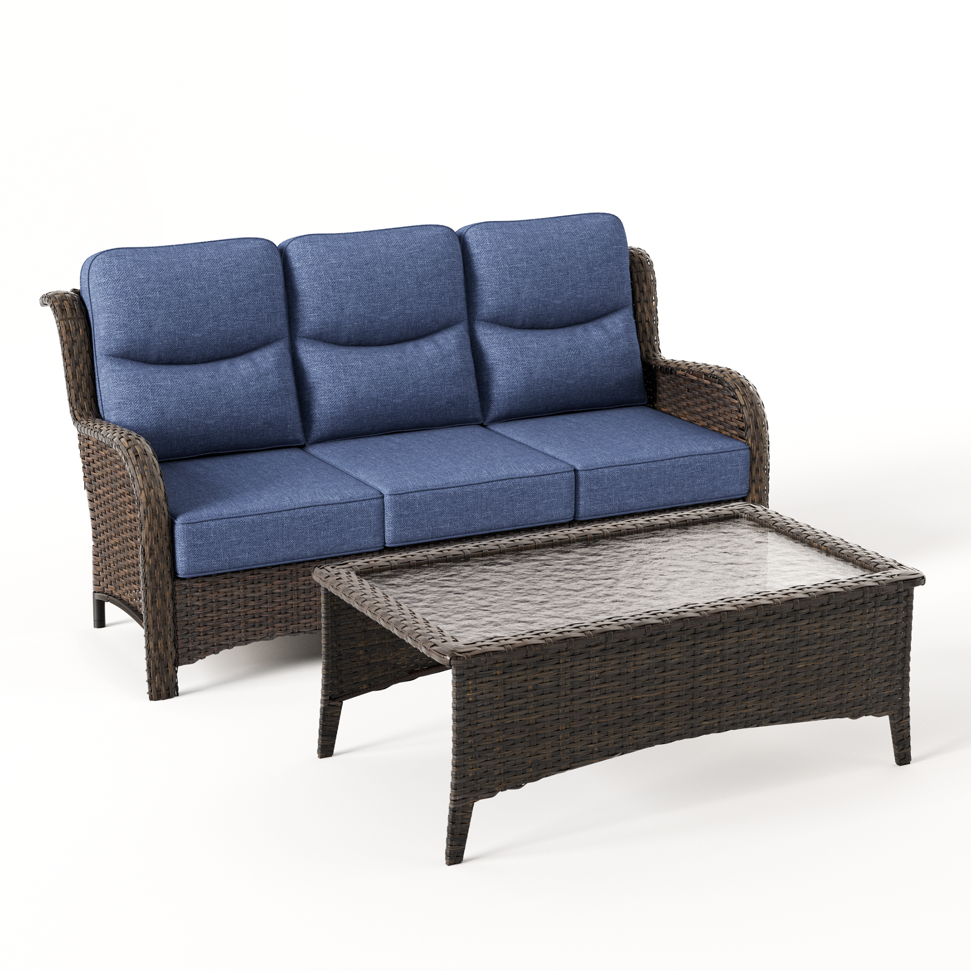 Hawthorne Blue Wicker Furniture Patio Sofa And Swivel Glider Chairs With 6-Inch Cushions
