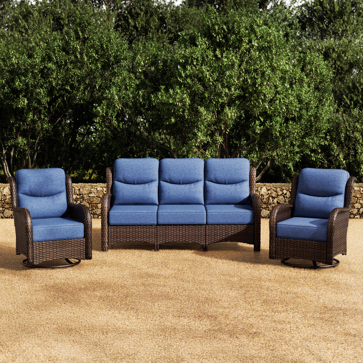 Hawthorne Blue Wicker Furniture Patio Sofa And Swivel Glider Chairs With 6-Inch Cushions