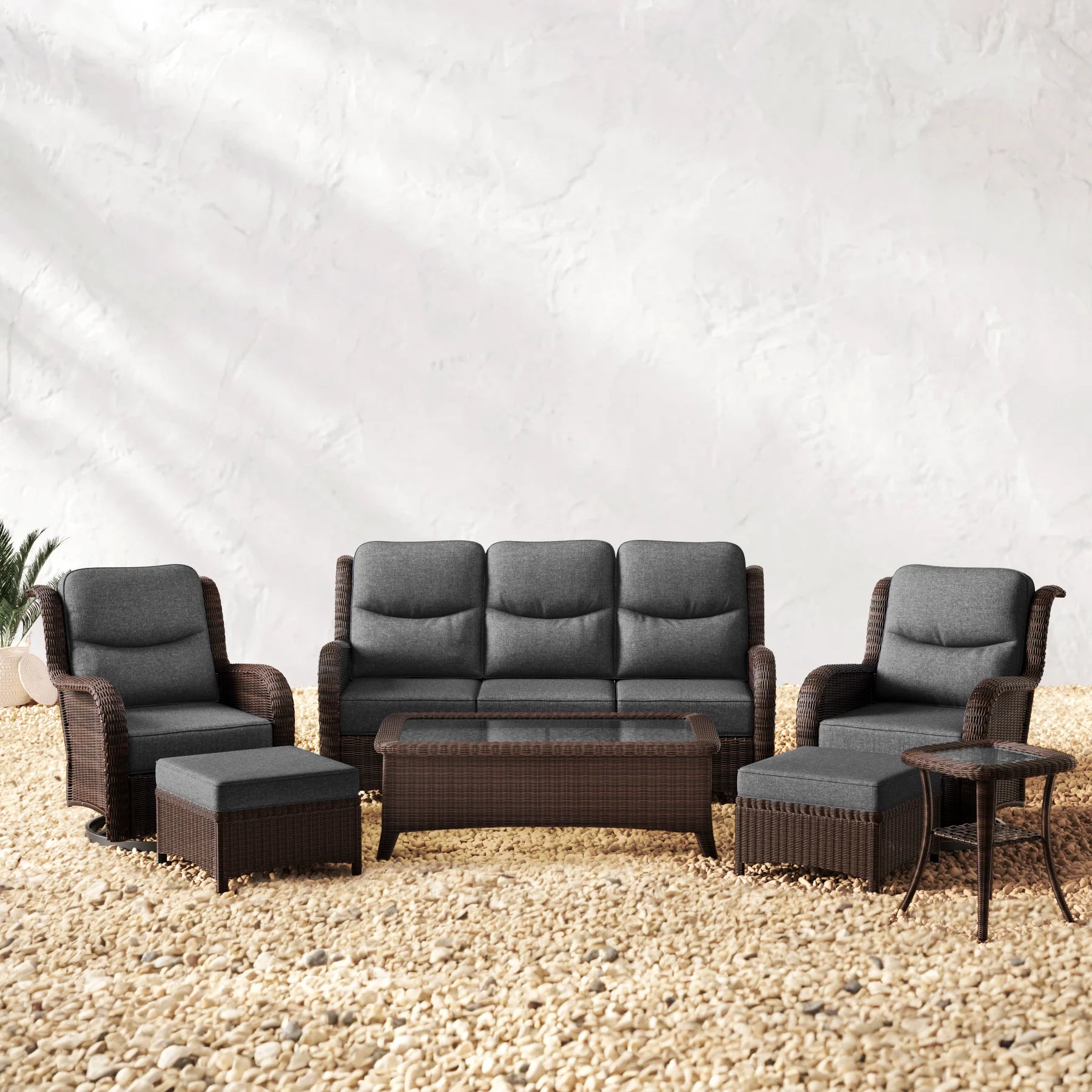 Ardenelle Luxury 7 Piece Patio Wicker Sofa Set With Ottomans, Tables And Covers