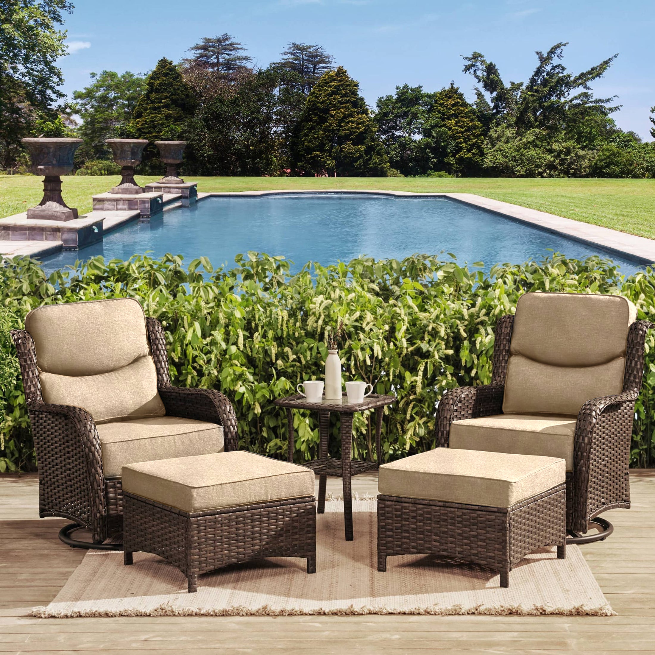 Hawthorne 5 Piece Outdoor Wicker Conversation Set With  Side Table & Ottomans For Balcony