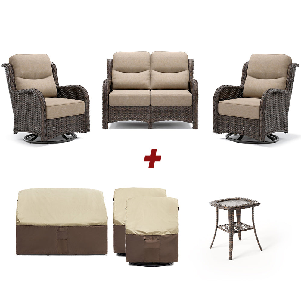 【Extra Covers: $50 More】Hawthorne 6 Piece Patio Rattan Loveseat Set With Extra All Weather Covers