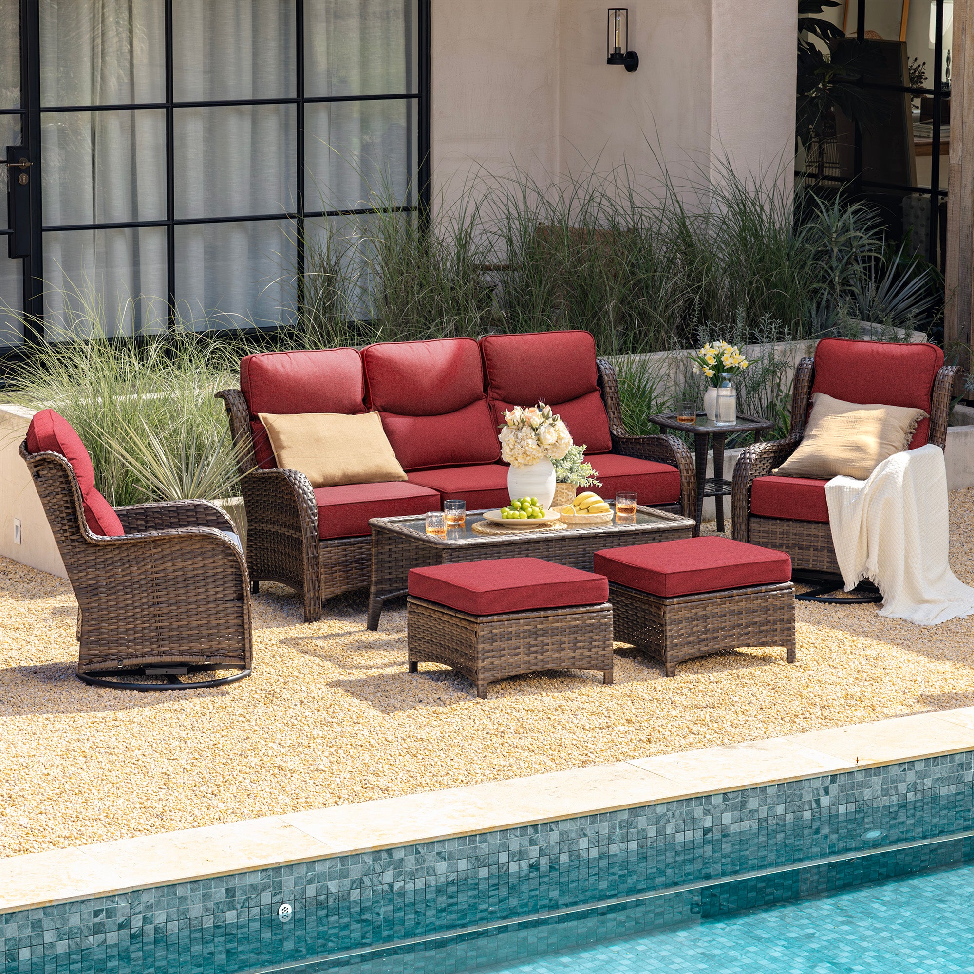 Hawthorne Wicker Furniture Patio Red Sofa And Swivel Glider Chairs With 6-Inch Cushions