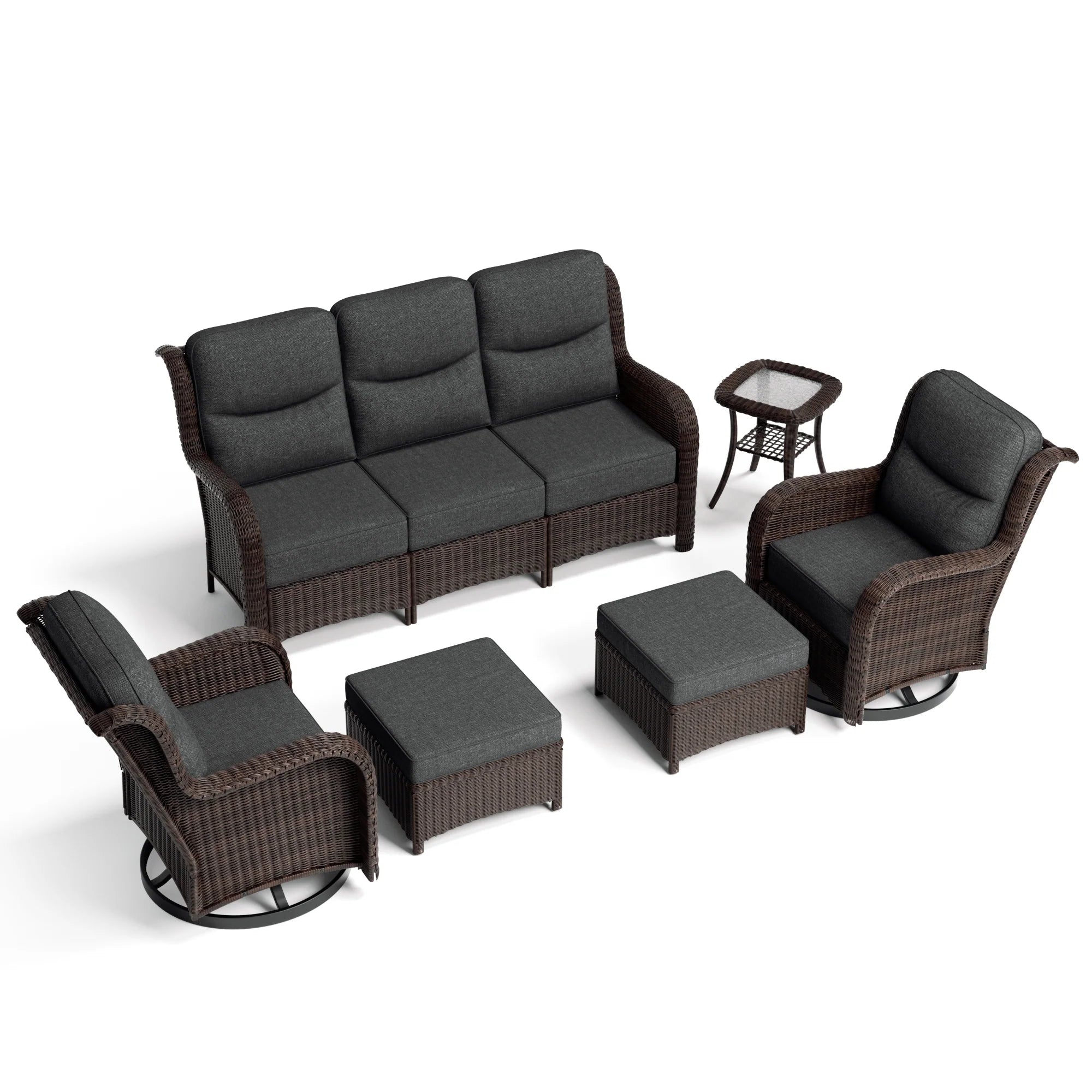Ardenelle Luxury 6 Piece Patio Wicker Sofa Set With Ottomans, Side tables And Covers