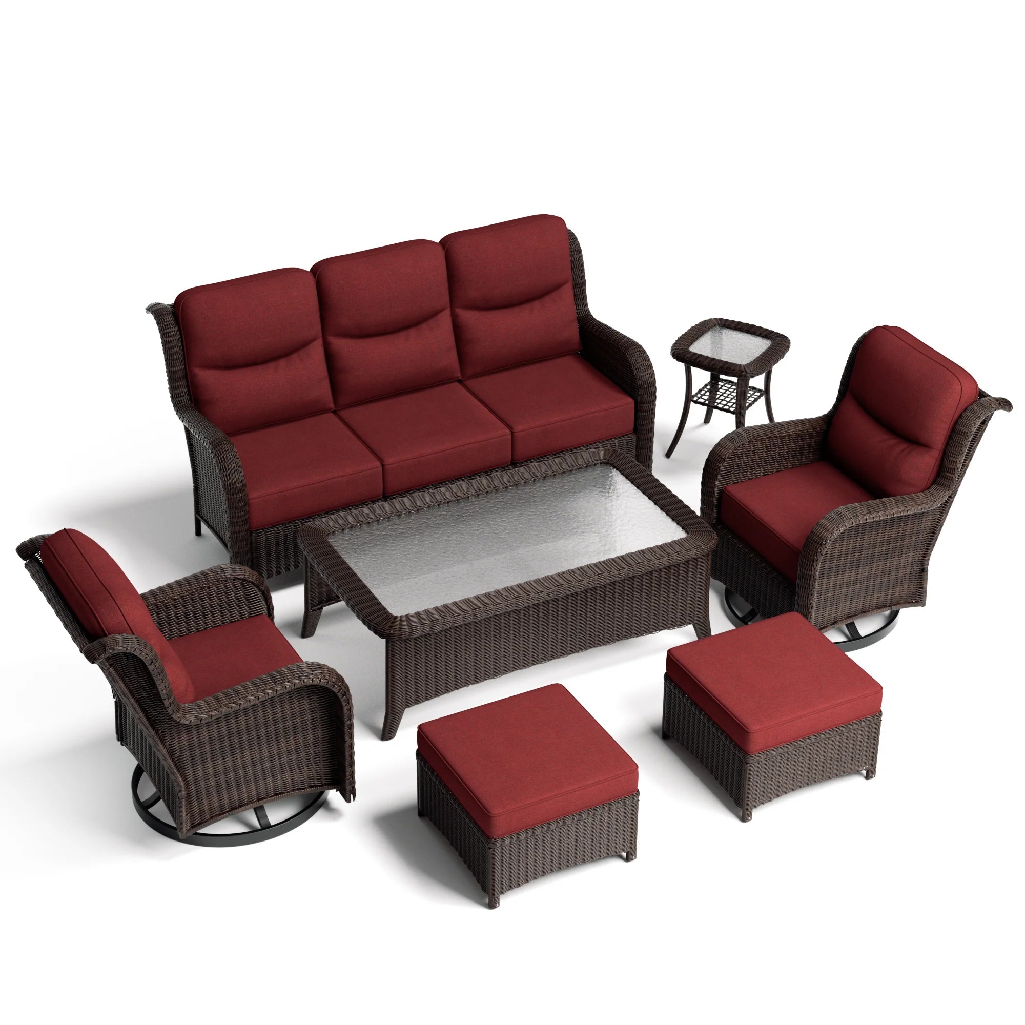 Ardenelle Luxury 7 Piece Patio Wicker Sofa Set With Ottomans, Tables And Covers