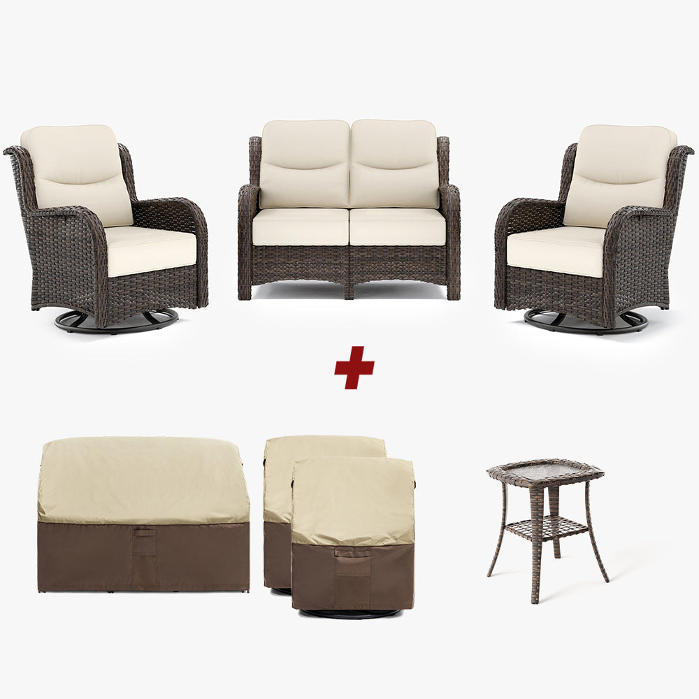 【Extra Covers: $50 More】Hawthorne 6 Piece Patio Rattan Loveseat Set With Extra All Weather Covers