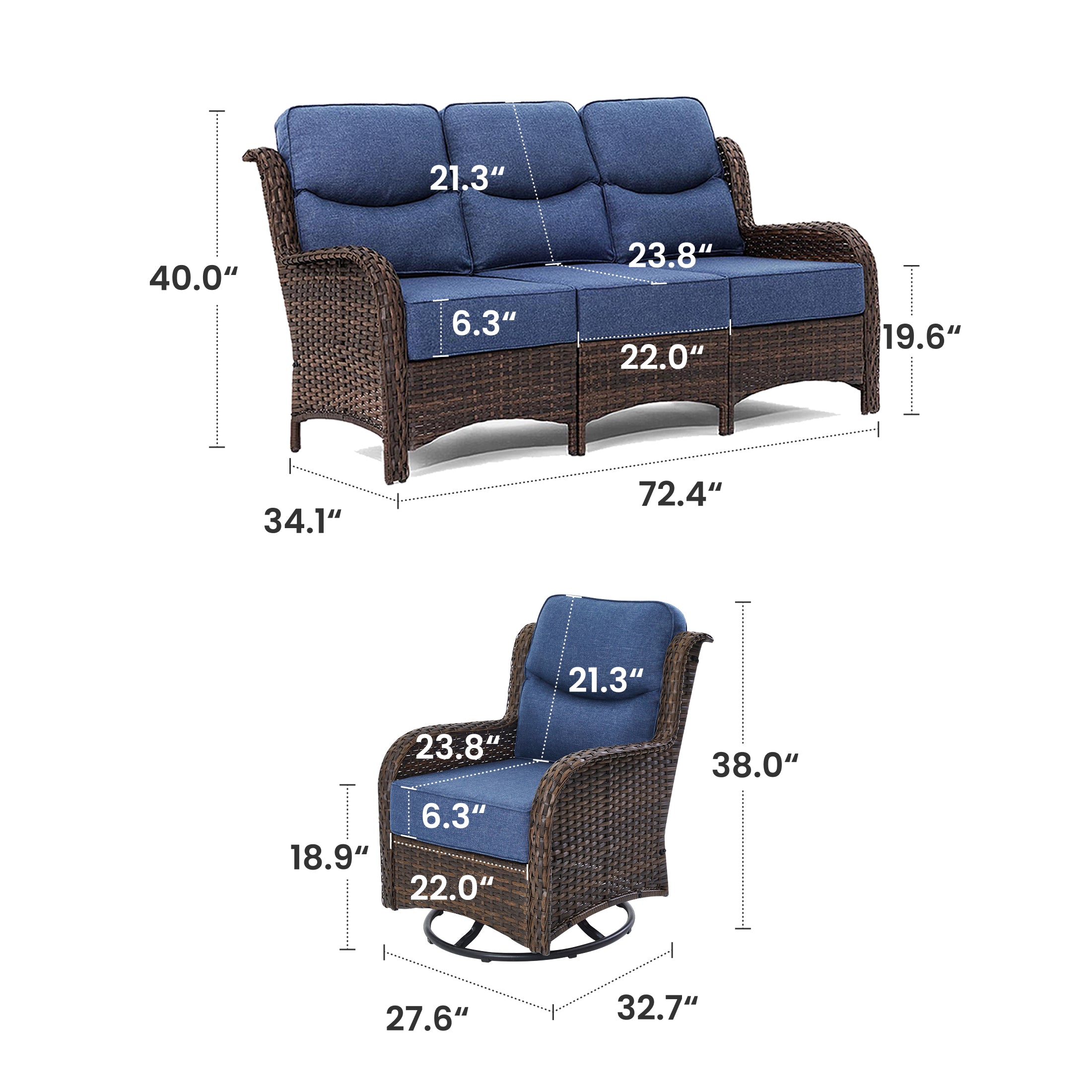 Hawthorne 5 Seater Patio Rattan Sofa Set with Swivel Chairs