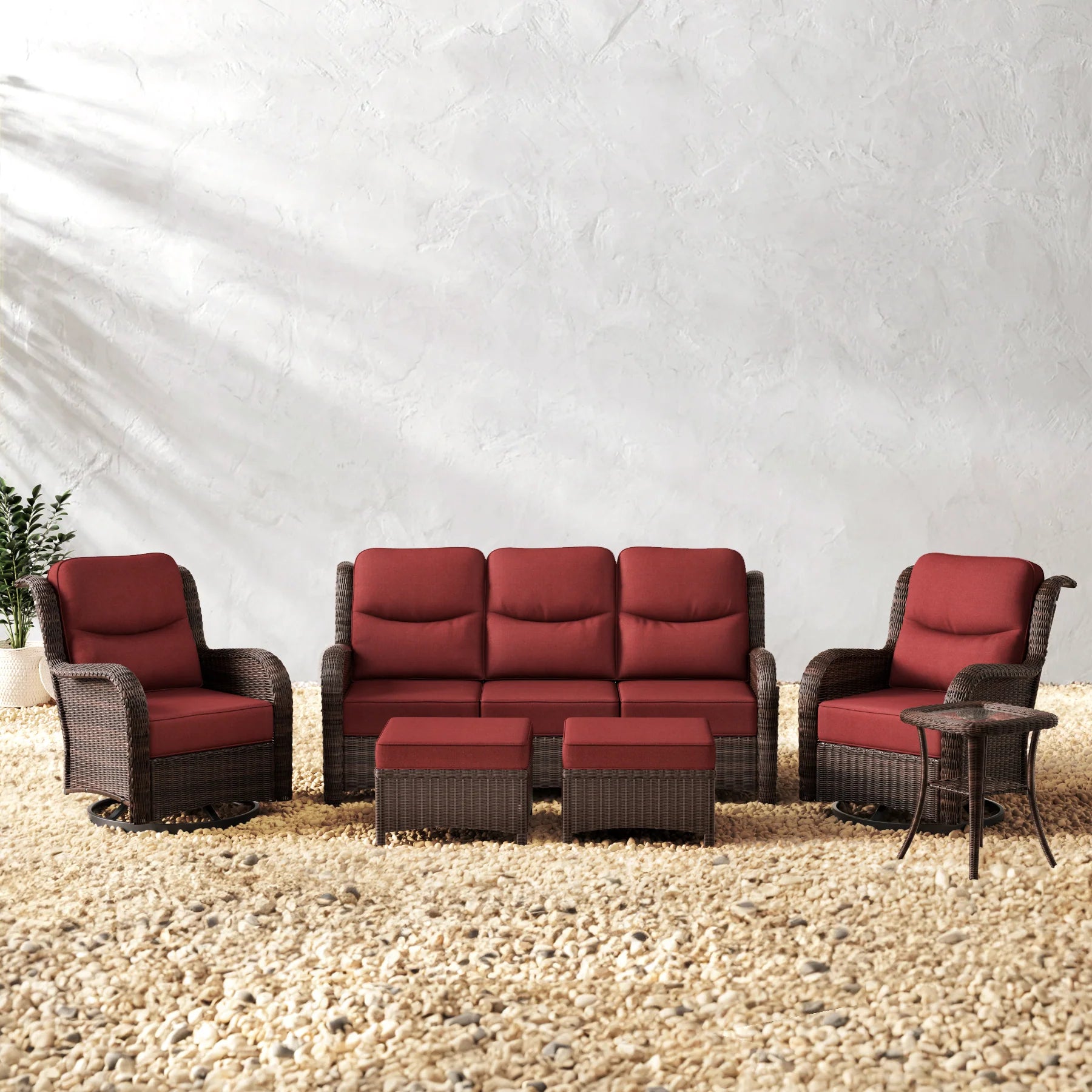 Ardenelle Luxury 6 Piece Patio Wicker Sofa Set With Ottomans, Side tables And Covers