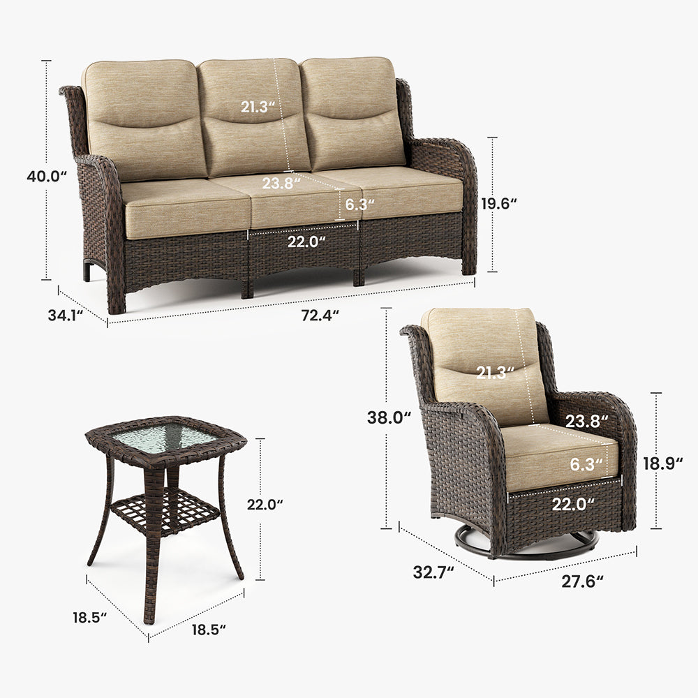 Hawthorne Sand Wicker Furniture Patio Sofa And Swivel Glider Chairs With 6-Inch Cushions