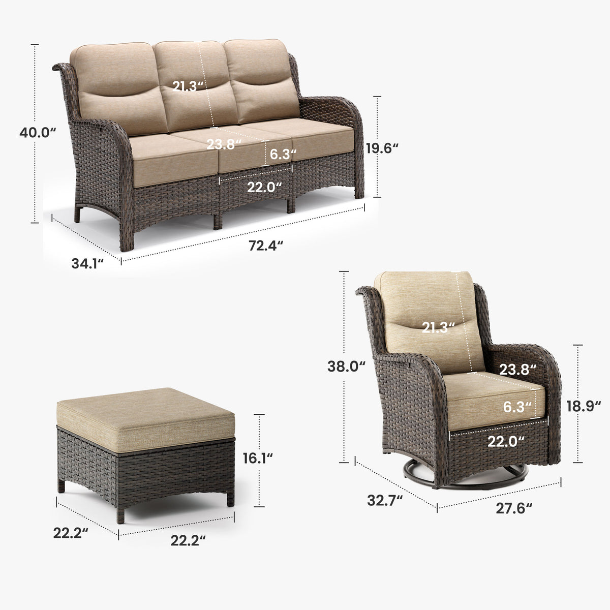 Hawthorne 5 Piece Patio Rattan Sofa Set with Swivel Chairs & Ottomans