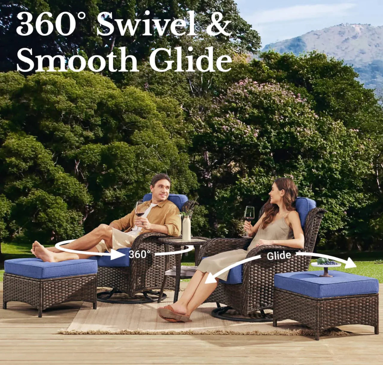 Hawthorne 5 Piece Outdoor Wicker Conversation Set With Side Table & Ottomans For Balcony