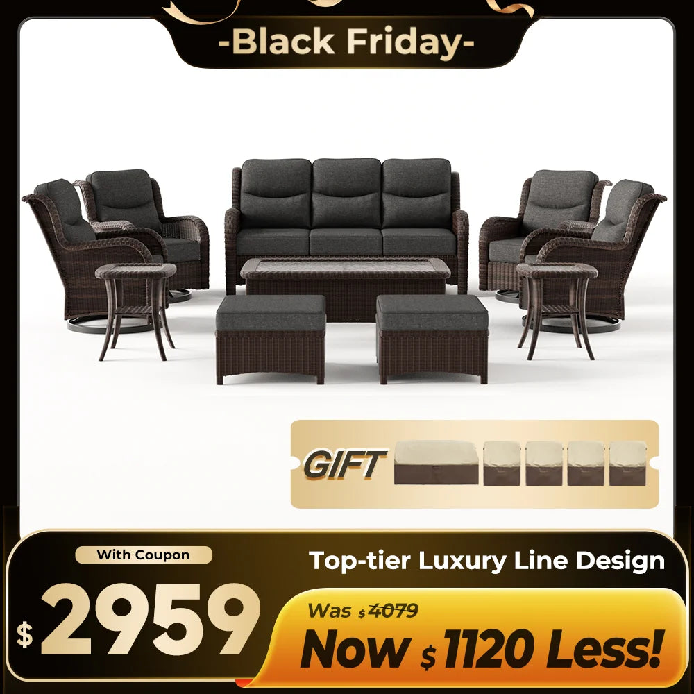 Ardenelle Luxury 10 Piece Patio Wicker Sofa Set With Ottomans, Tables