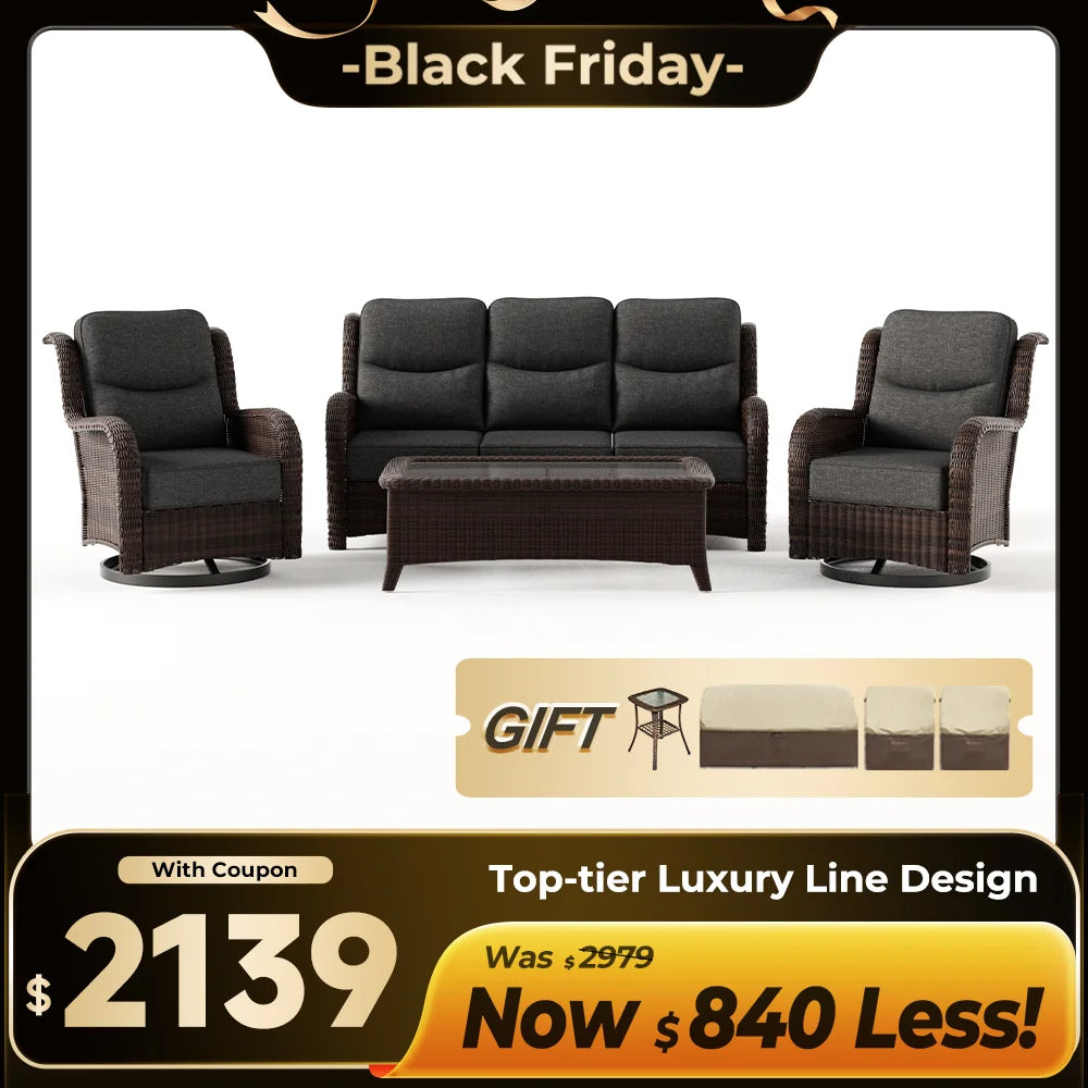 Ardenelle Luxury 7 Piece Patio Wicker Sofa Set With Ottomans, Tables
