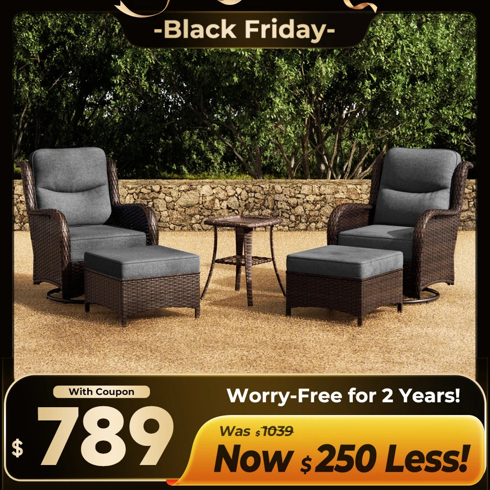 Hawthorne 5 Piece Outdoor Wicker Conversation Set With  Side Table & Ottomans For Balcony