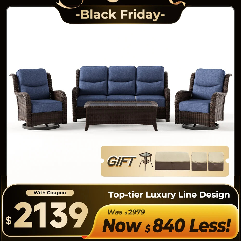 Ardenelle Luxury 7 Piece Patio Wicker Sofa Set With Ottomans, Tables