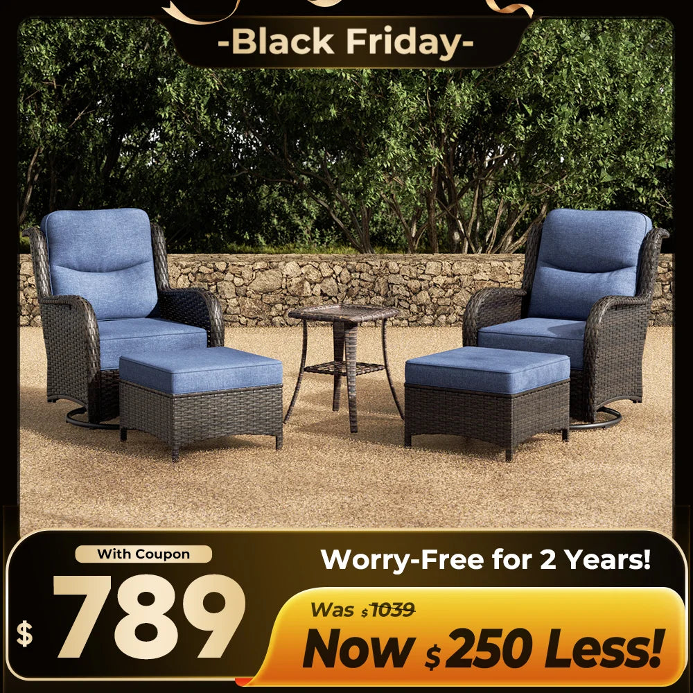 Hawthorne 5 Piece Outdoor Wicker Conversation Set With  Side Table & Ottomans For Balcony