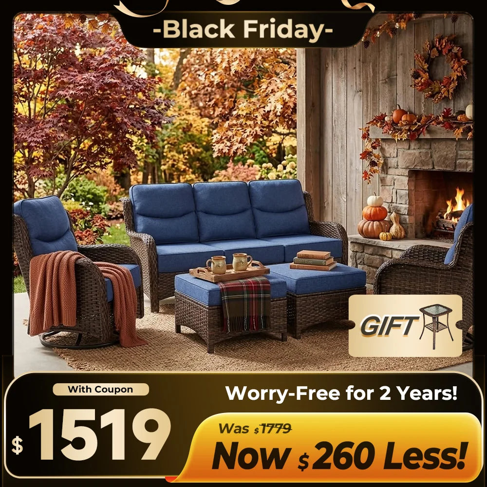 Hawthorne 5 Piece Patio Rattan Sofa Set with Swivel Chairs & Ottomans