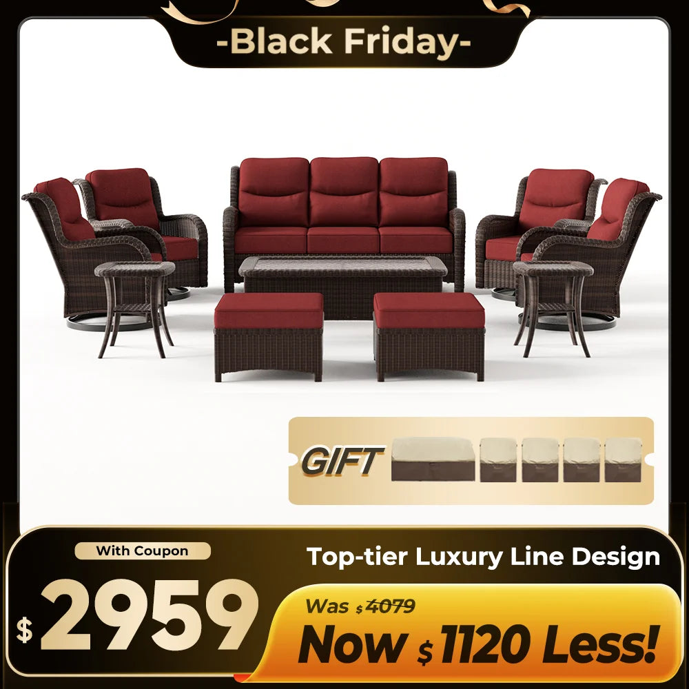 Ardenelle Luxury 10 Piece Patio Wicker Sofa Set With Ottomans, Tables