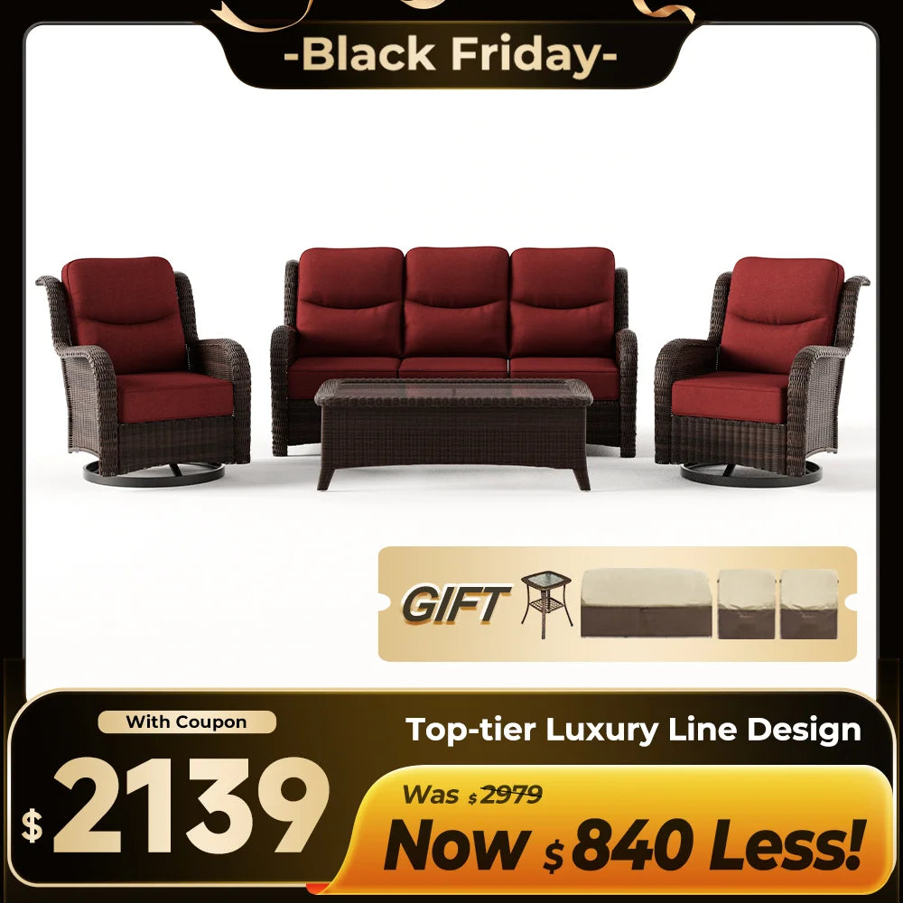 Ardenelle Luxury 7 Piece Patio Wicker Sofa Set With Ottomans, Tables