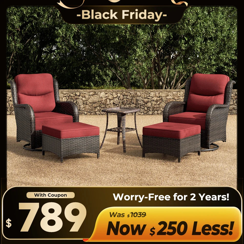 Hawthorne 5 Piece Outdoor Wicker Conversation Set With  Side Table & Ottomans For Balcony