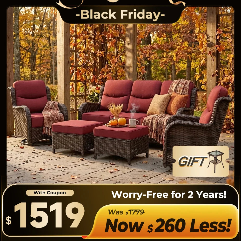Hawthorne 5 Piece Patio Rattan Sofa Set with Swivel Chairs & Ottomans