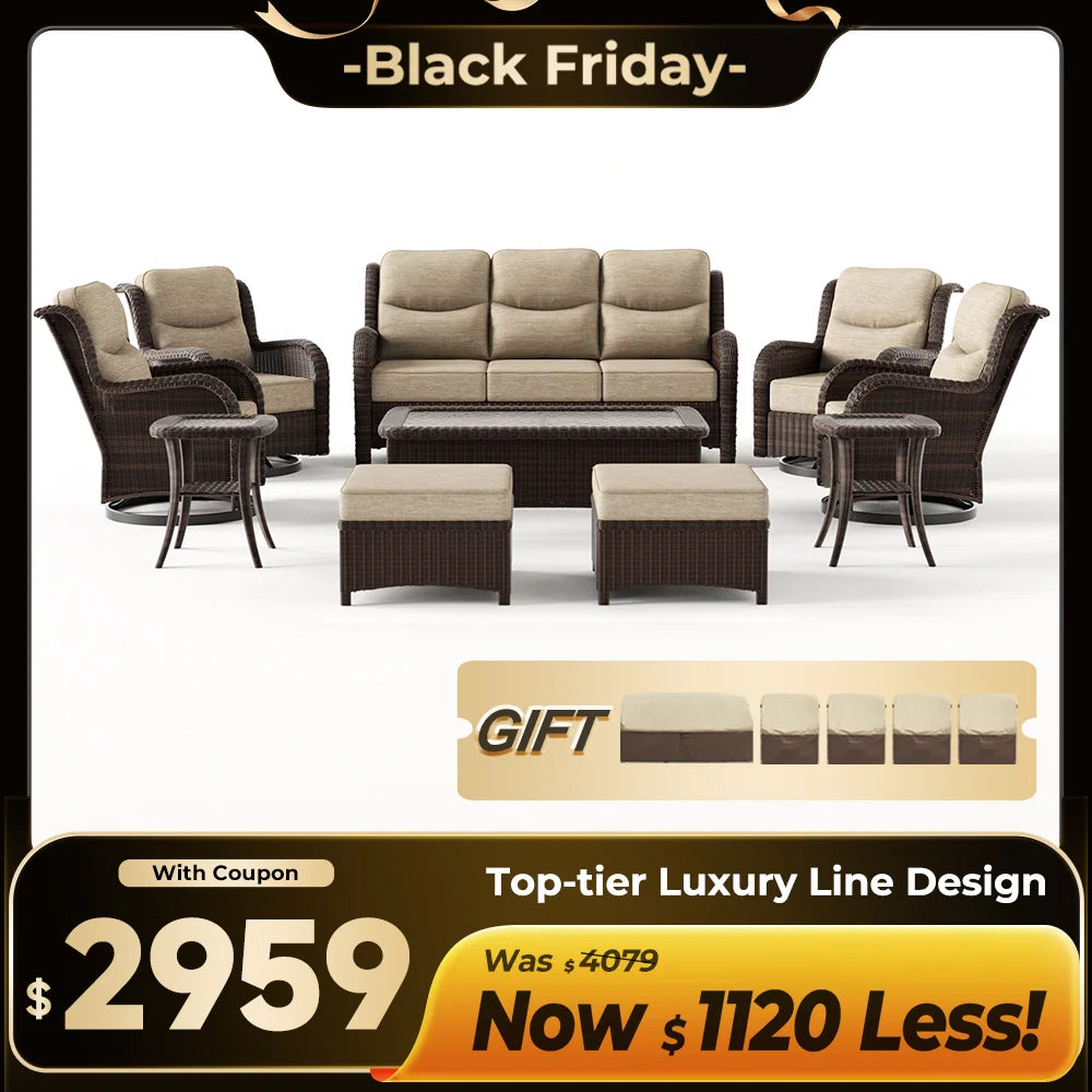 Ardenelle Luxury 10 Piece Patio Wicker Sofa Set With Ottomans, Tables