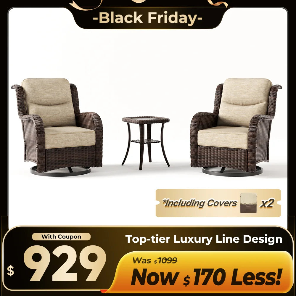 Ardenelle Luxury 3 Piece Patio Wicker Conversation Set With Side Table