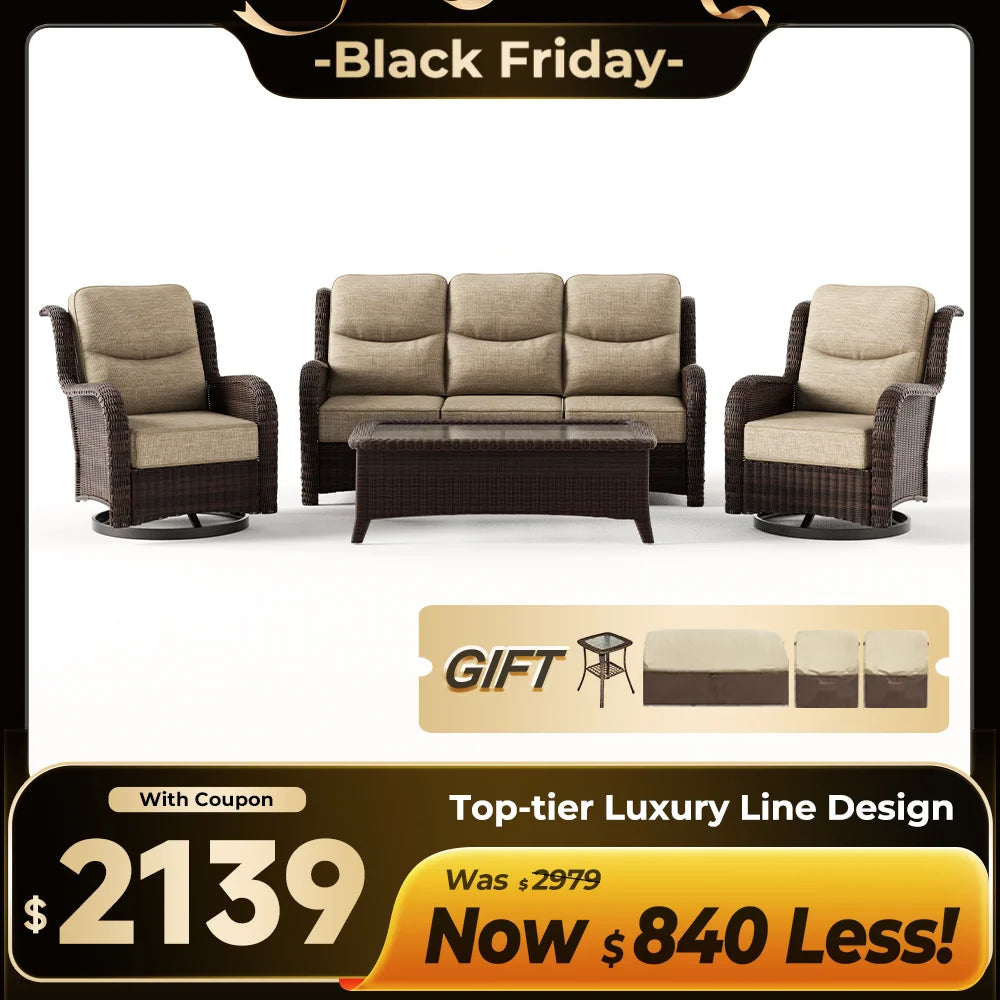 Ardenelle Luxury 7 Piece Patio Wicker Sofa Set With Ottomans, Tables