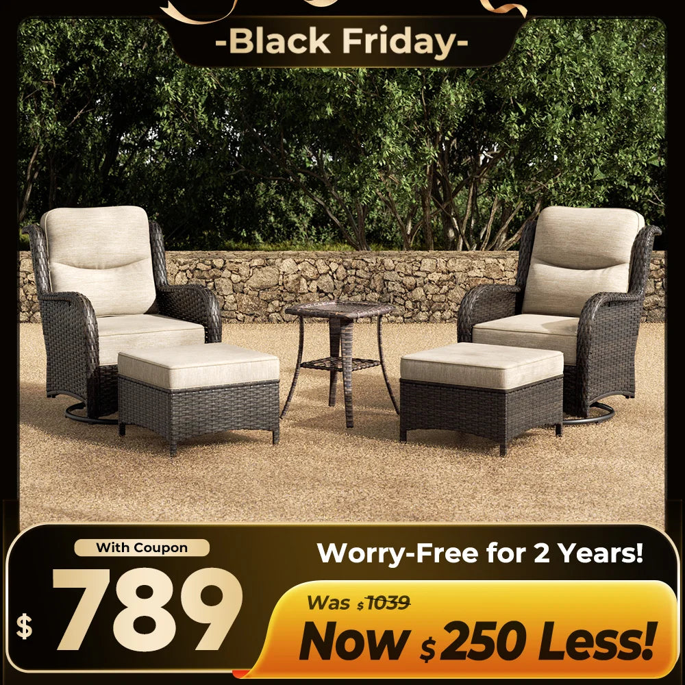 Hawthorne 5 Piece Outdoor Wicker Conversation Set With  Side Table & Ottomans For Balcony