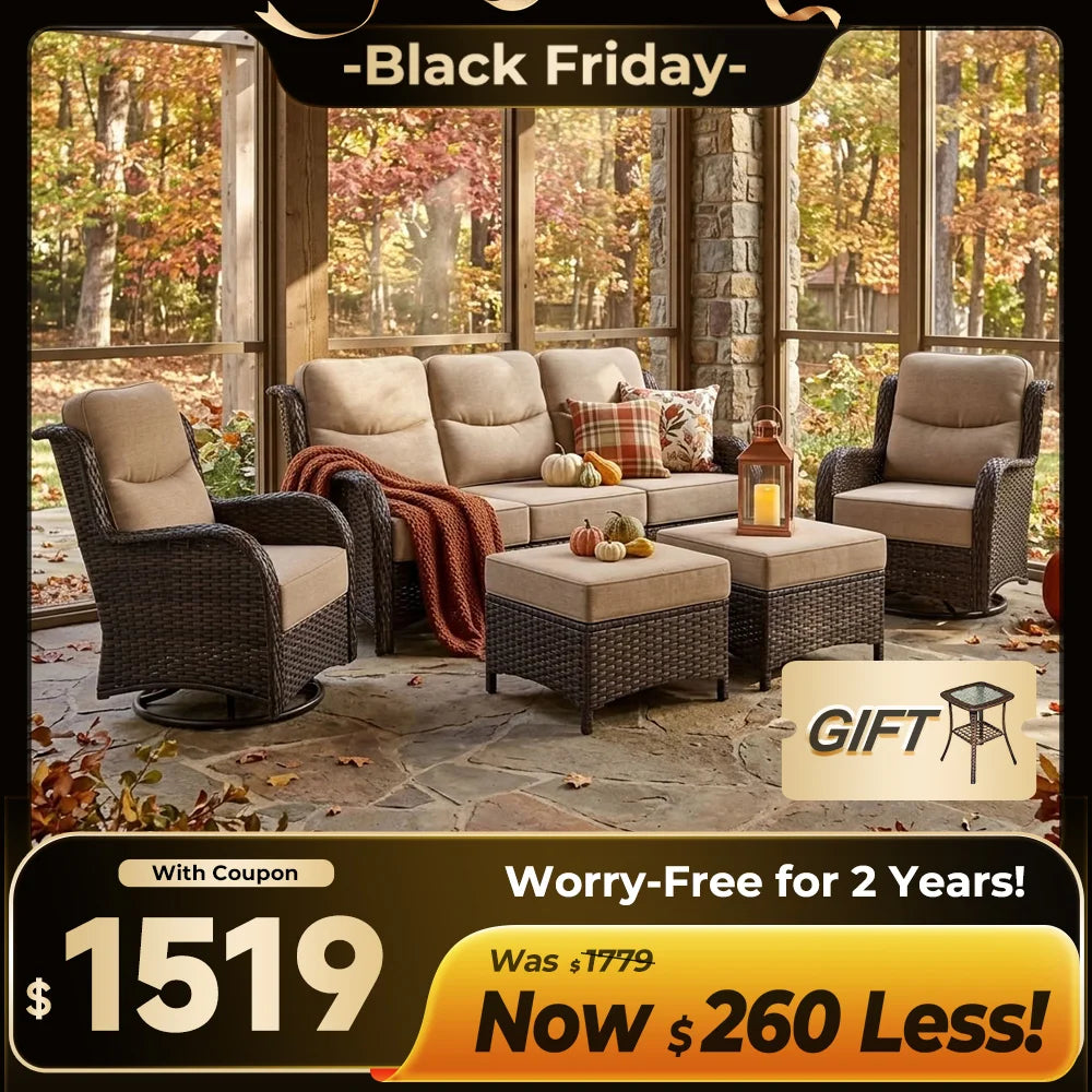 Hawthorne 5 Piece Patio Rattan Sofa Set with Swivel Chairs & Ottomans