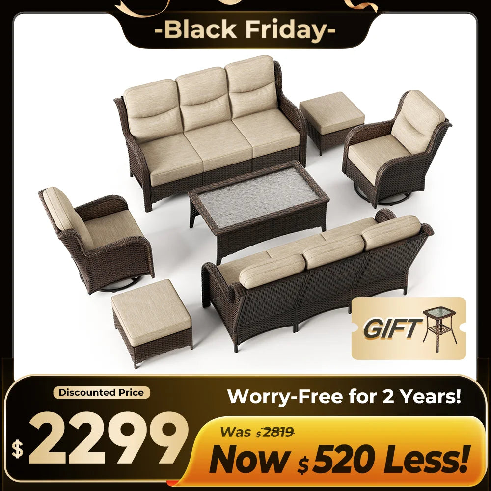 Hawthorne 7 Pieces Outdoor Wicker Sofas & Chairs Set With Ergonomic backrest Design & Comfort Cushions