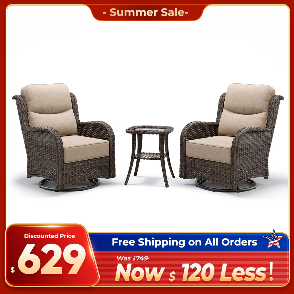 Hawthorne 3 Piece Outdoor Wicker 360° Swivel Conversation Set With Cushions & Side Table For Porch