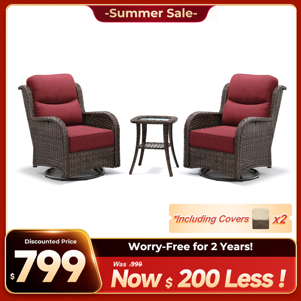 Hawthorne 3 Piece Outdoor Wicker 360° Swivel Conversation Set With Cushions & Side Table For Porch