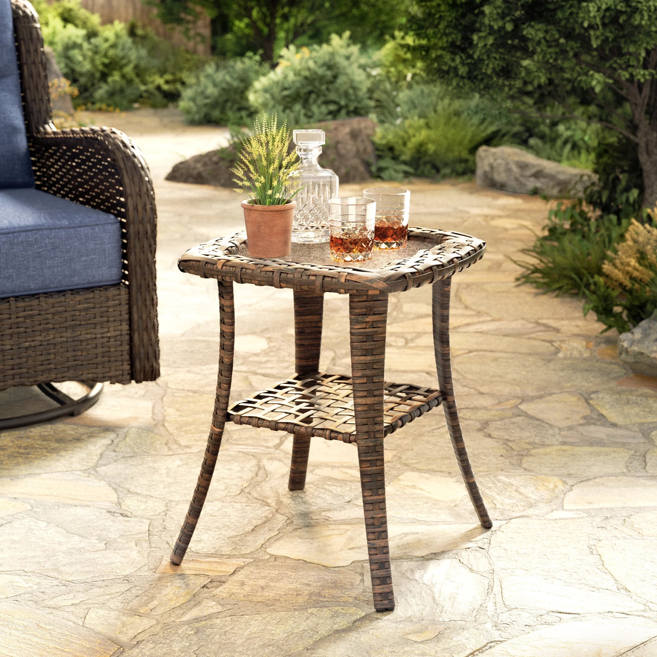 Hawthorne 3 Piece Outdoor Wicker 360° Swivel Conversation Set With Cushions & Side Table For Porch