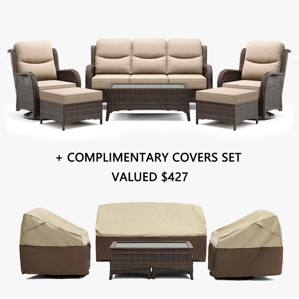 Hawthorne Sand Wicker Furniture Patio Sofa And Swivel Glider Chairs With 6-Inch Cushions