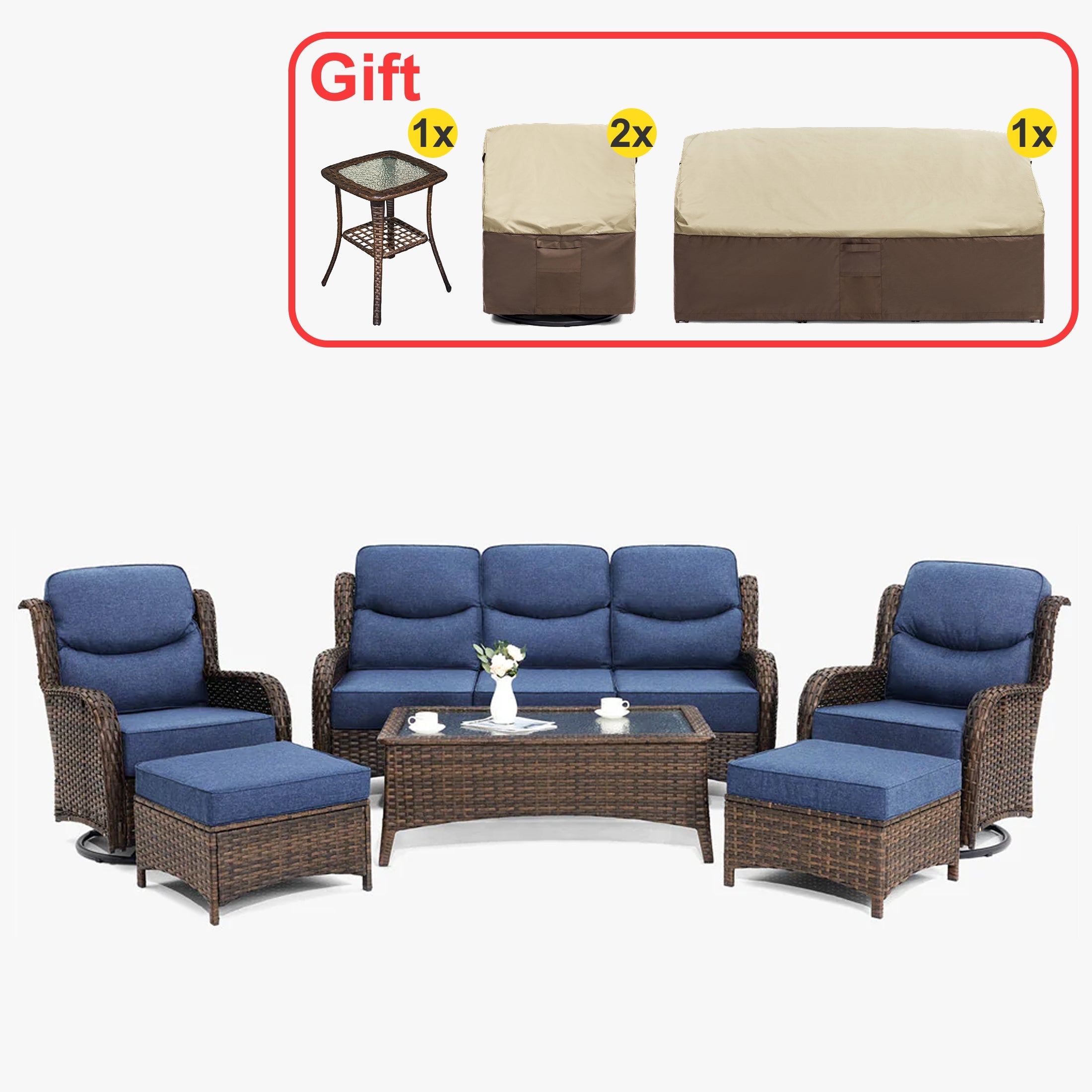 Hawthorne Blue Wicker Furniture Patio Sofa And Swivel Glider Chairs With 6-Inch Cushions