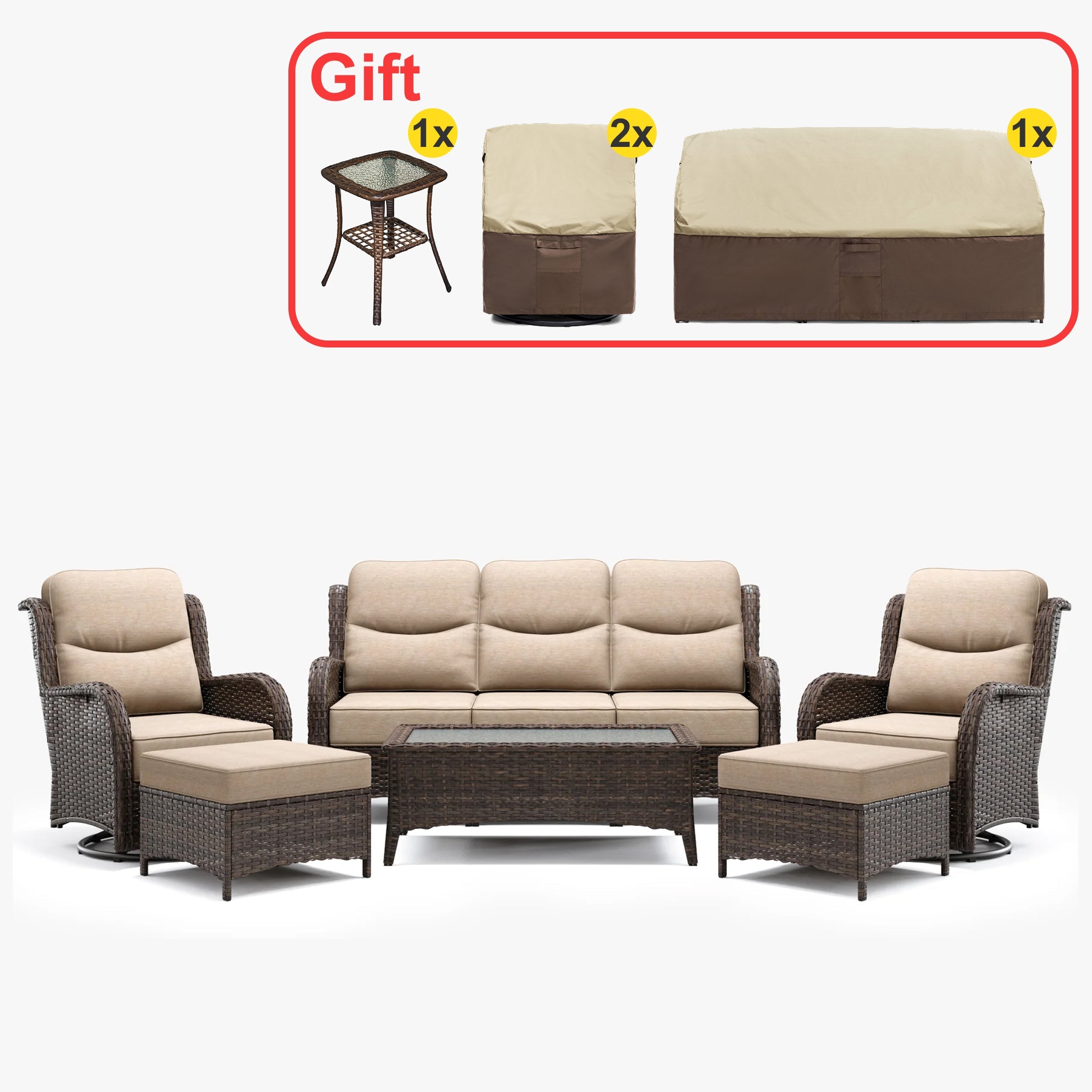 Hawthorne Sand Wicker Furniture Patio Sofa And Swivel Glider Chairs With 6-Inch Cushions