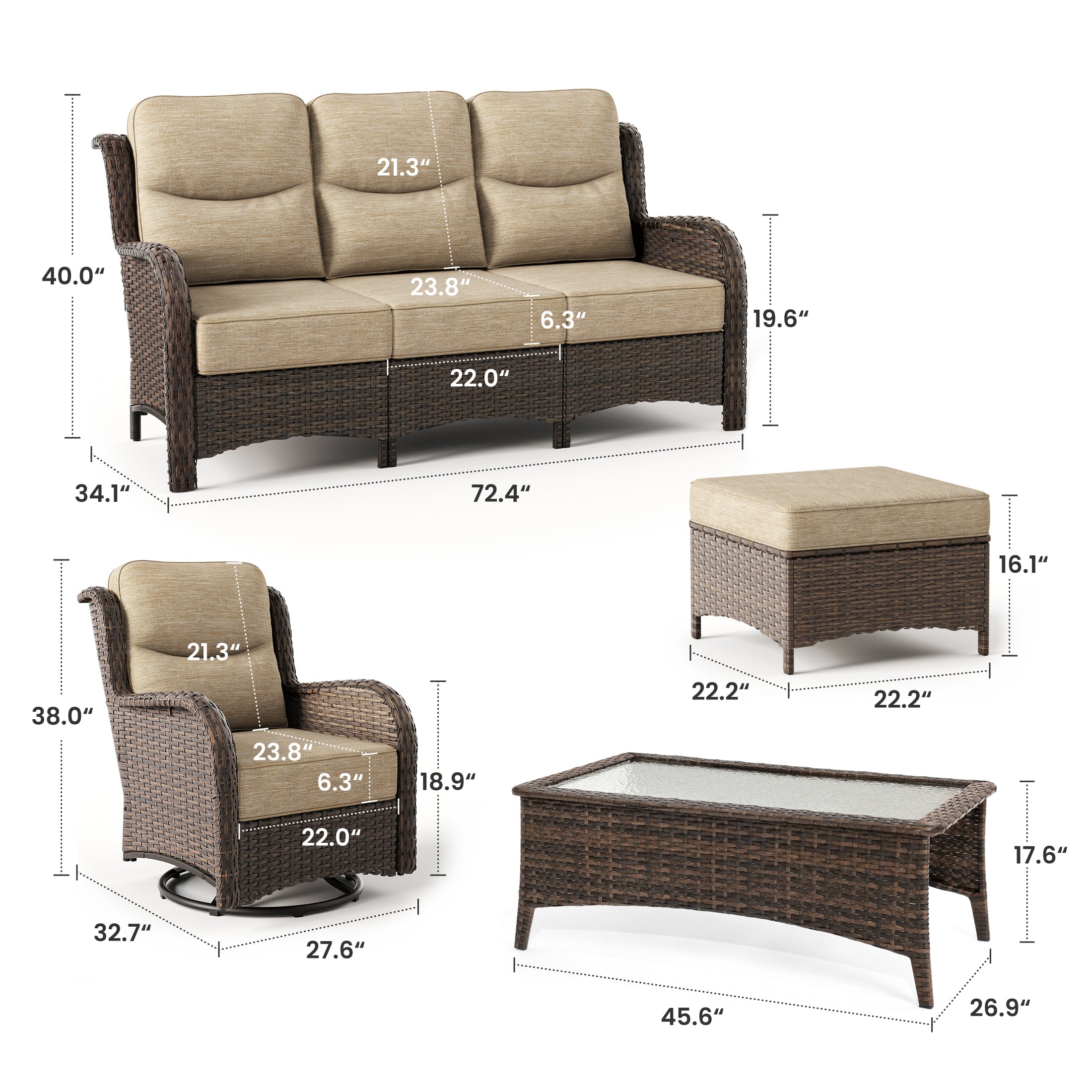 Hawthorne Sand Wicker Furniture Patio Sofa And Swivel Glider Chairs With 6-Inch Cushions