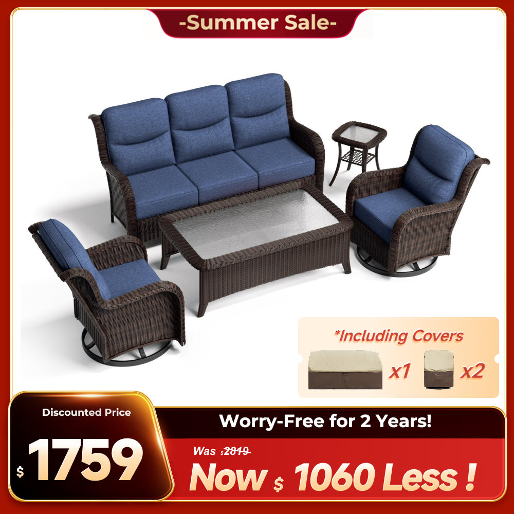 Ardenelle Luxury 5 Piece Patio Wicker Blue Sofa Set With Tables