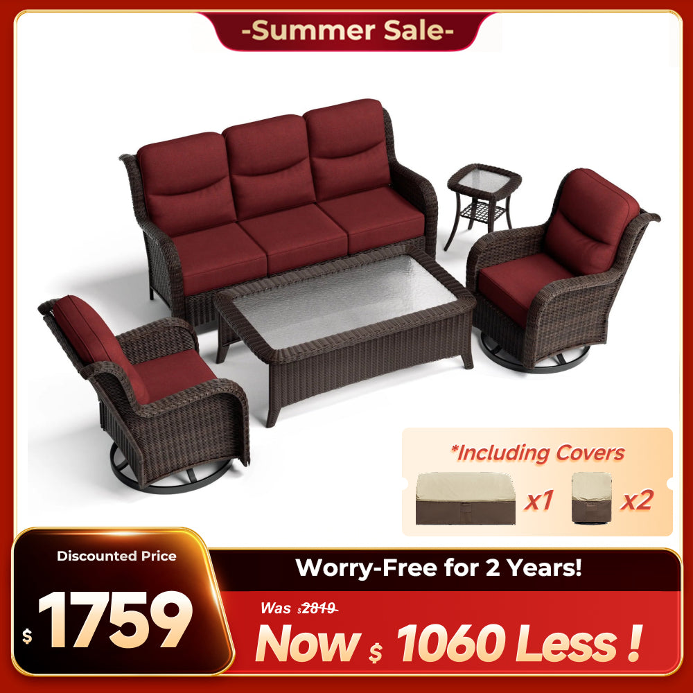 Ardenelle Luxury 5 Piece Patio Wicker Sofa Set With Tables