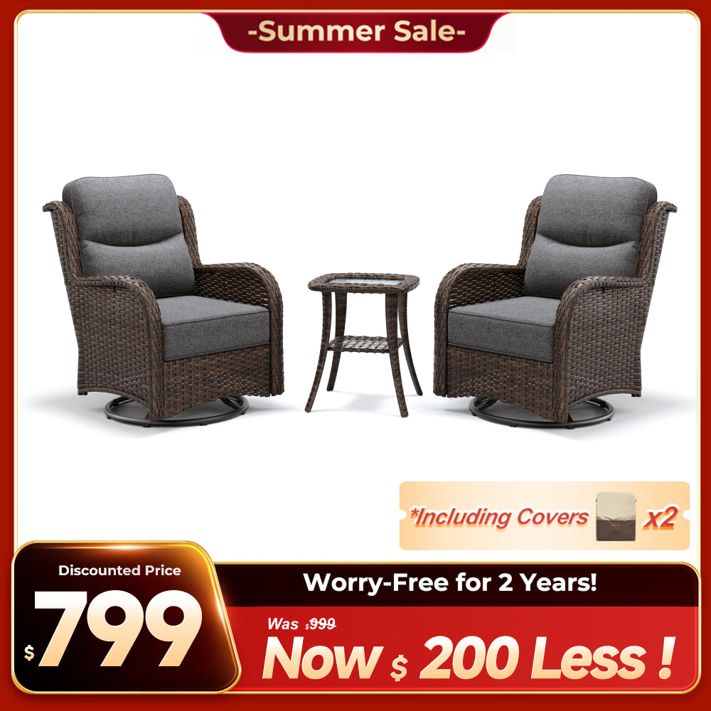 Hawthorne 3 Piece Outdoor Wicker 360° Swivel Conversation Set With Cushions & Side Table For Porch