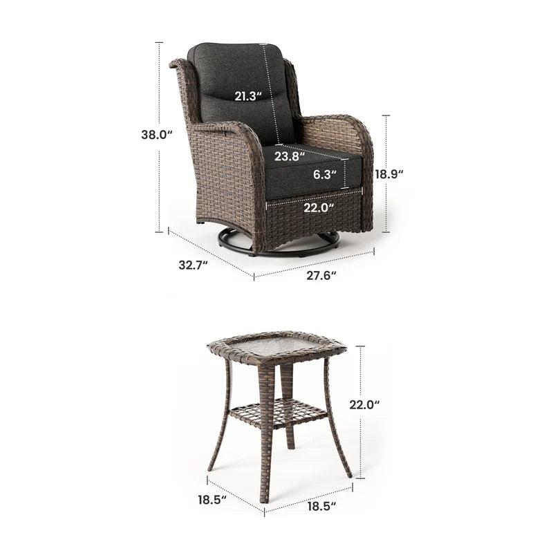 Hawthorne 3 Piece Outdoor Wicker 360° Swivel Conversation Set With Cushions & Side Table For Porch