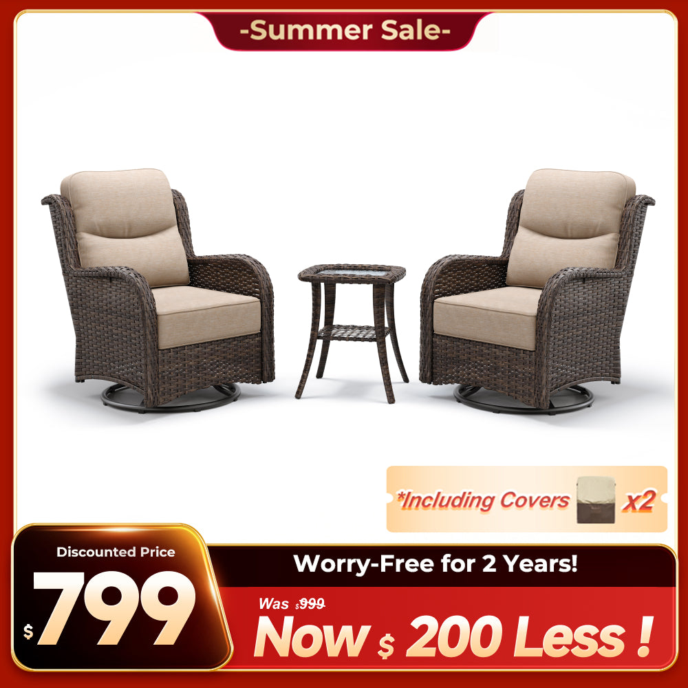 Hawthorne 3 Piece Outdoor Wicker 360° Swivel Conversation Set With Cushions & Side Table For Porch
