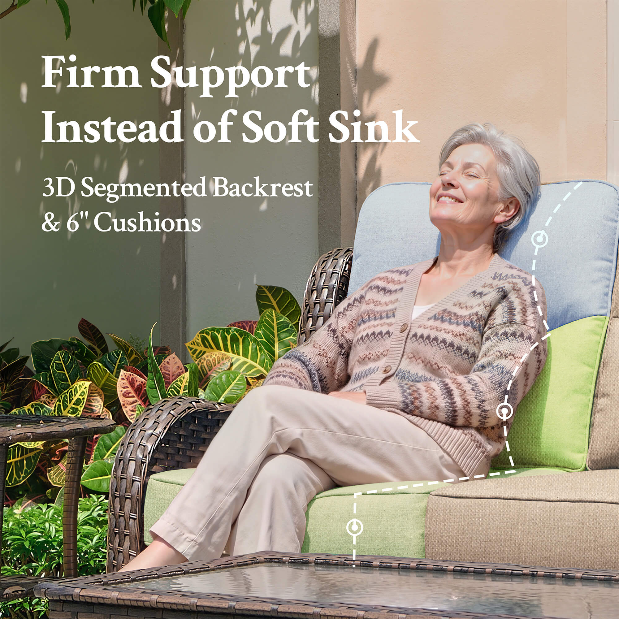 An older woman reclines on a wicker patio chair with light blue and green cushions, with overlaid marketing text about firm support and segmented backrest and cushion dimensions.